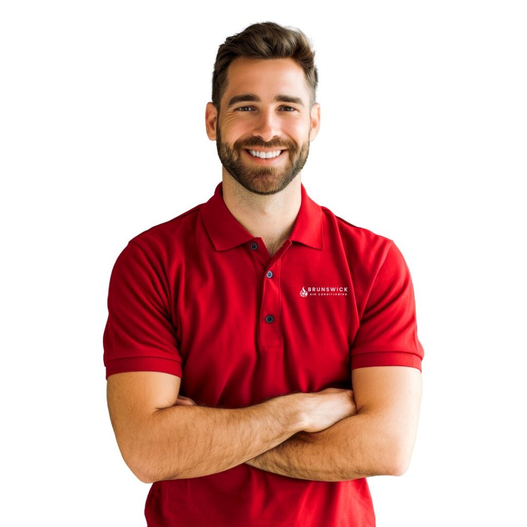 male in a red brunswick air conditioning shirt
